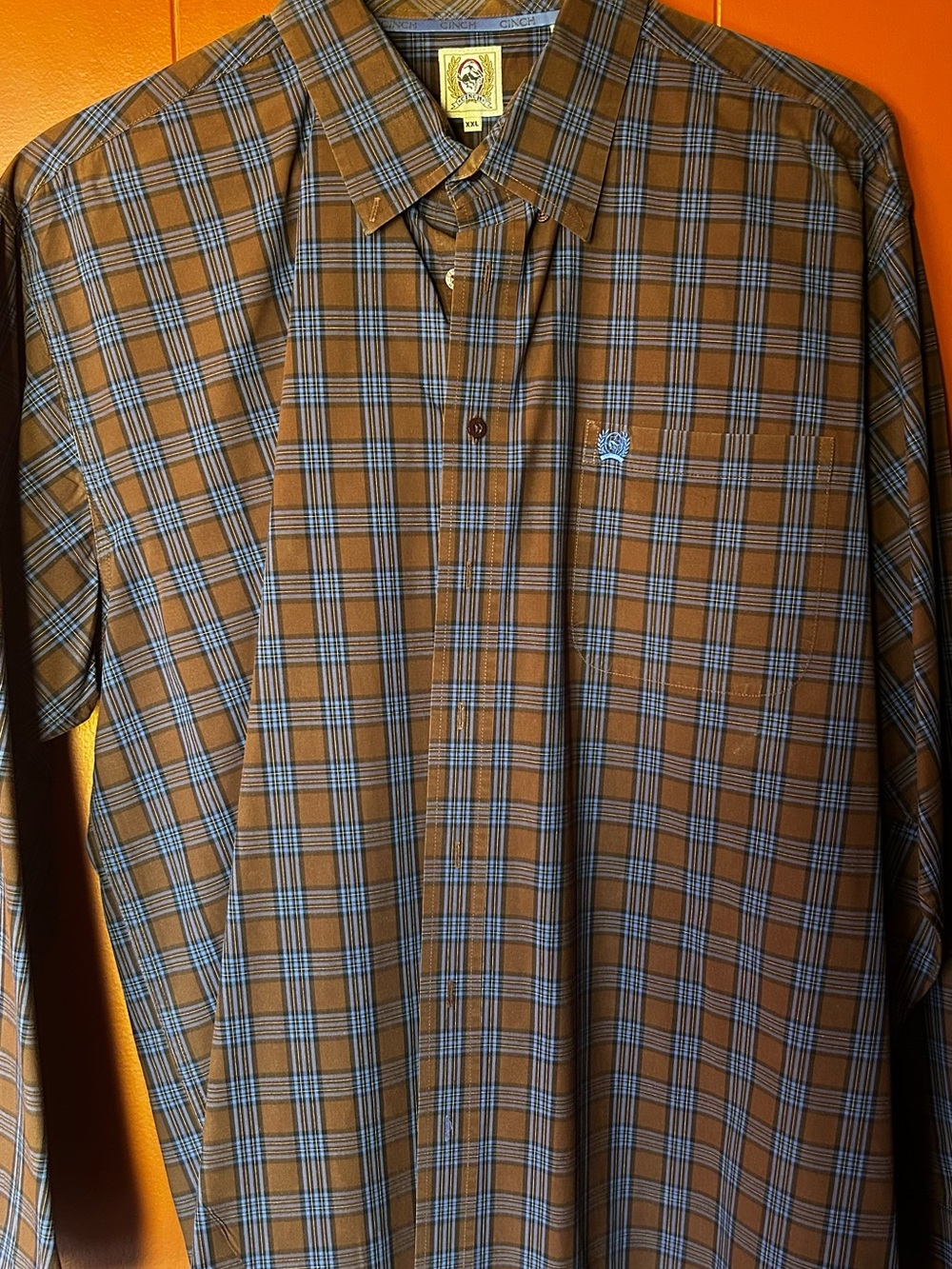 Cinch Brown Plaid Button-Up Shirt with Blue Accents